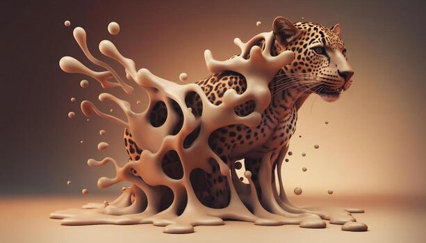 un sorprendentes leopardo emergente desde un chapoteo de líquido, mezcla realismo con artístico expresión. foto