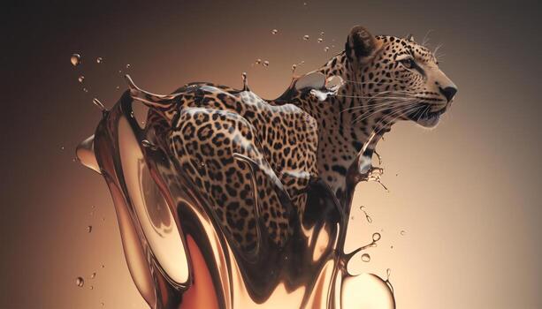 A majestic leopard emerges from a swirling pool of liquid, creating a stunning visual effect. photo