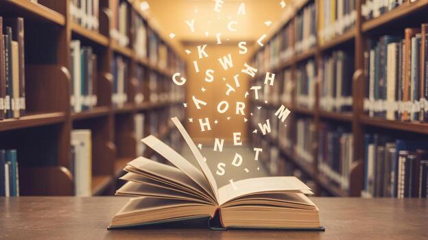 An open book with letters rising above it, symbolizing knowledge and creativity in a library setting. photo