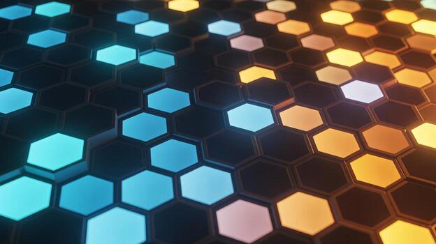 Abstract close-up of illuminated hexagonal patterns in blue and orange hues, creating a vibrant visual experience. photo