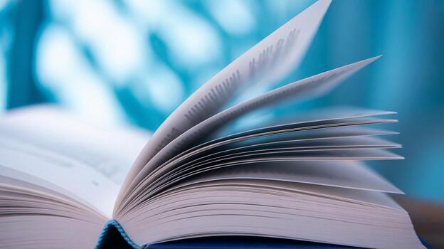 An open book with fluttering pages against a soft blue background, creating a serene reading atmosphere. photo