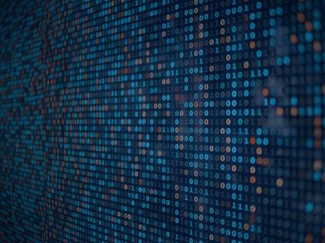 resumen binario código en un digital antecedentes en azul y naranja matices foto