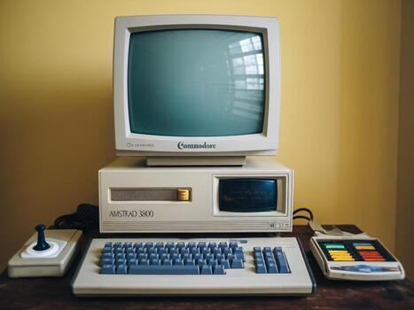 Retro computer setup featuring an Amstrad 3800 with a joystick and a colorful music keyboard. photo