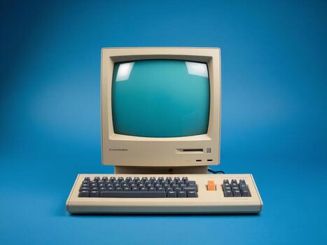 Vintage beige computer with a teal screen and keyboard against a vibrant blue background. photo