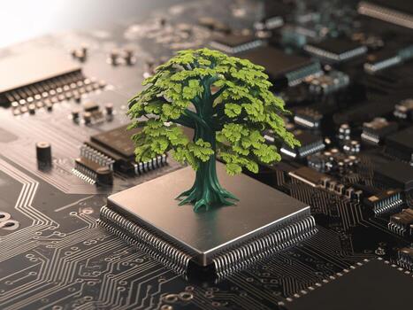 A vibrant green tree emerging from a computer chip, blending nature with technology in a captivating visual. photo