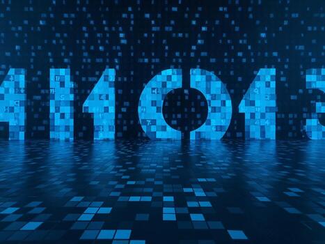 Abstract digital background with glowing blue numbers and pixelated patterns creating a futuristic atmosphere. photo