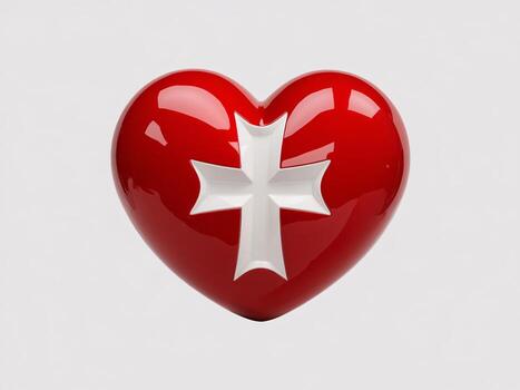 A glossy red heart with a white cross symbol, representing love and faith in a minimalist style. photo