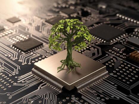A futuristic tree sprouting from a computer chip, symbolizing the blend of nature and technology. photo