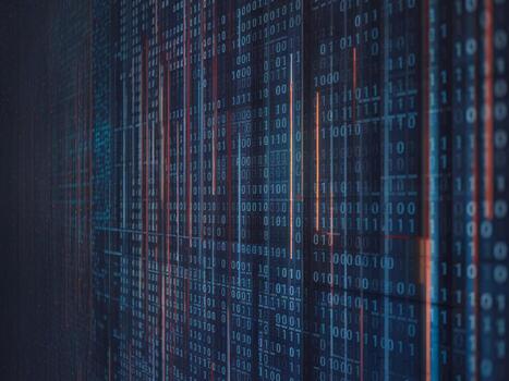 Abstract digital binary code pattern with vibrant blue and orange tones for technology themes. photo