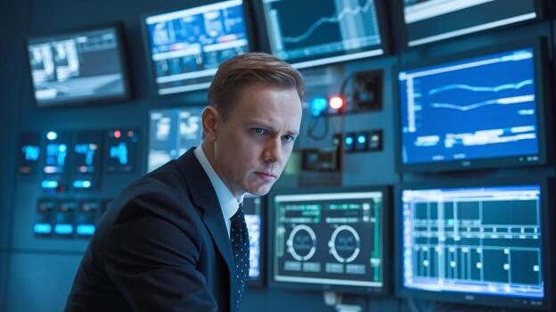 Focused man in a suit analyzing data on multiple screens in a high-tech control room. photo