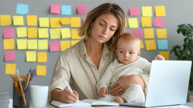 Working mother holding baby while writing in notebook with laptop and colorful sticky notes on wall in background photo