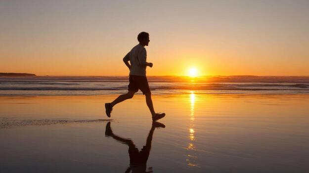 Man running on wet beach at sunset with reflection on water, peaceful and energetic outdoor exercise scene photo