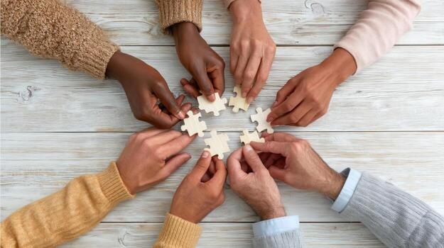 Hands of diverse people connecting puzzle pieces on wooden table, symbolizing teamwork and unity in warm, collaborative atmosphere photo