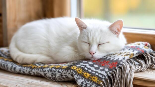 blanco gato dormido en acogedor estampado cobija por ventana, pacífico y cómodo en suave natural ligero foto