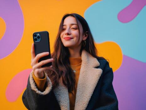 Smiling influencer capturing content for social media while holding a mobile phone, positioned against an abstract and vibrant background filled with colorful patterns photo