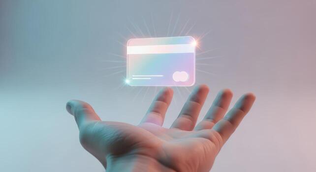 A hand holding a credit card in front of a glowing light photo