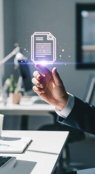 Man holding a document with a glowing icon on his hand photo