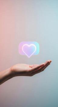 Hand holding a heart shaped icon on a colorful background photo