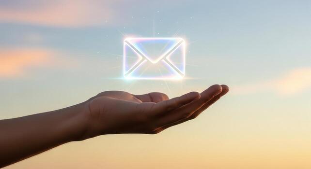 Hand holding an email envelope with glowing light photo