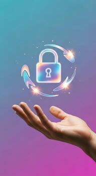 Hand holding a padlock with a rainbow colored circle around it photo