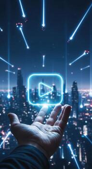 A hand holding a glowing icon in front of a cityscape photo