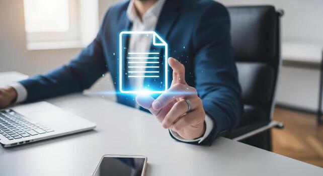 Man in business suit holding paper document with finger photo