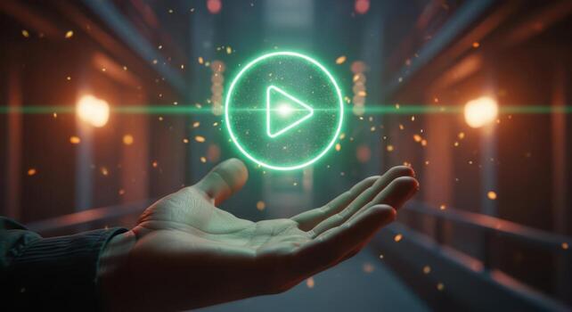 A person holding a green play button in their hand photo