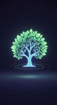 Glowing green tree with intricate branches and leaves on dark background photo