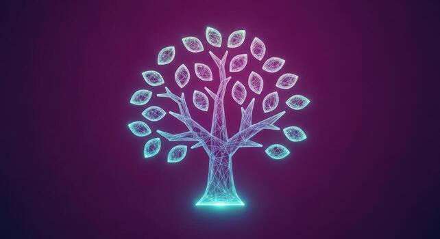 A digital tree made of glowing particles and leaves photo