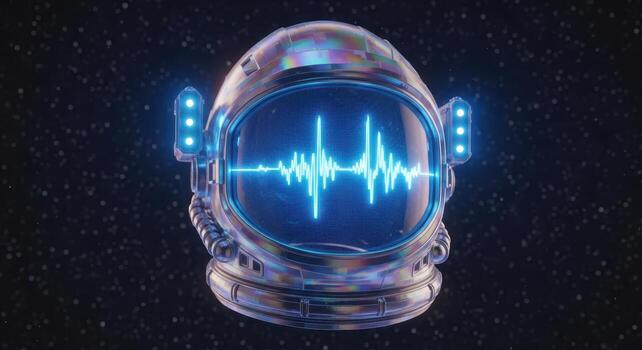 Astronaut helmet displaying a sound wave on a starry background photo