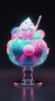 A colorful and decadent ice cream sundae with whipped cream and toppings photo