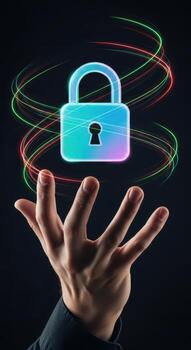 Hand reaching for a glowing digital lock with swirling lights photo