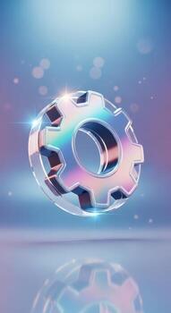A shiny metallic gear or cogwheel with a futuristic, iridescent glow photo