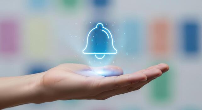 Hand holding a glowing blue notification bell icon with a soft background photo