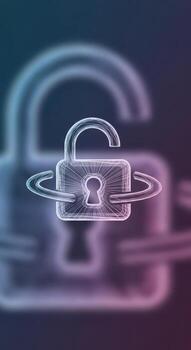 Holographic unlocked padlock with glowing aura and chains photo