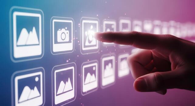 Finger touching a digital screen with glowing image icons photo