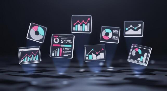 Collection of digital analytics and data charts floating in space photo