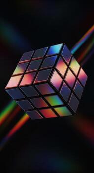 A colorful rubiks cube reflecting rainbow light on dark background photo
