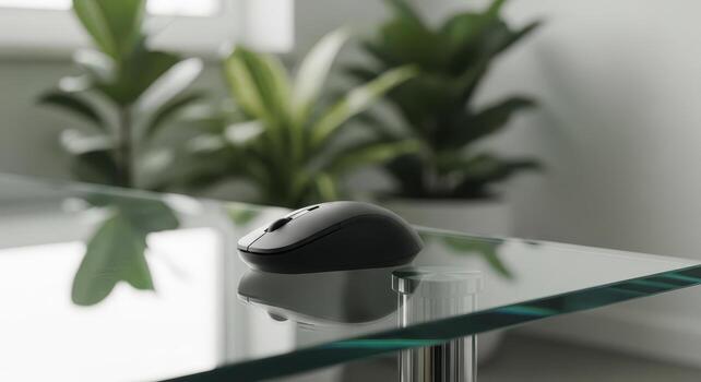A wireless computer mouse on a glass table with plants photo