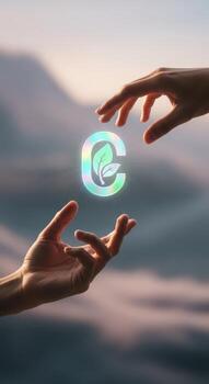 dos manos alcanzando fuera a toque un brillante hoja símbolo en el cielo foto