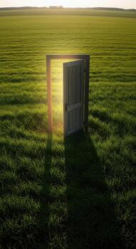 Open door in a green field at sunset, casting a long shadow photo