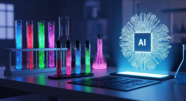 Ai technology concept with glowing circuits and test tubes photo