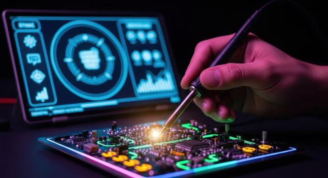 Closeup of a hand working on a circuit board with a digital display photo