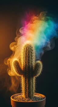 Cactus with rainbow smoke emanating from it photo