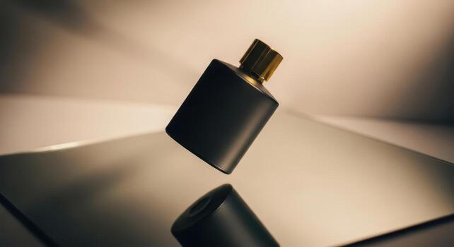 Luxury perfume bottle floating with reflection and gold cap photo