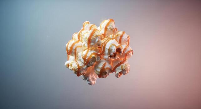 A single piece of caramel popcorn floating against a gradient background photo