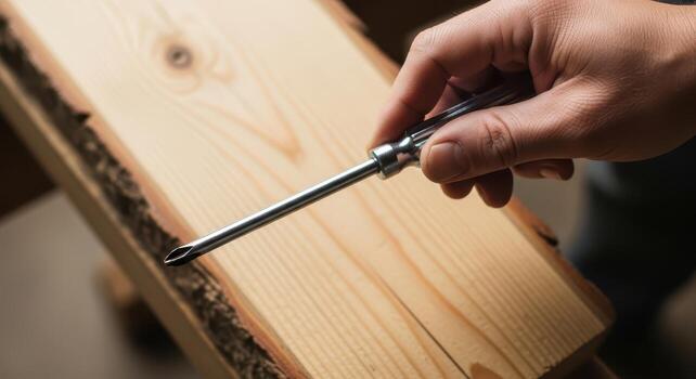 Closeup of a hand using a screwdriver on a piece of wood photo