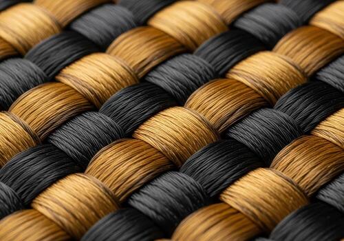 Closeup texture of a woven pattern with gold and black threads photo