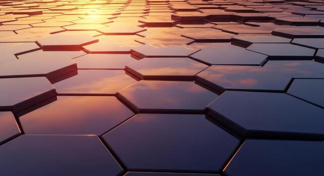 Abstract hexagonal geometric pattern with sunset light reflection photo