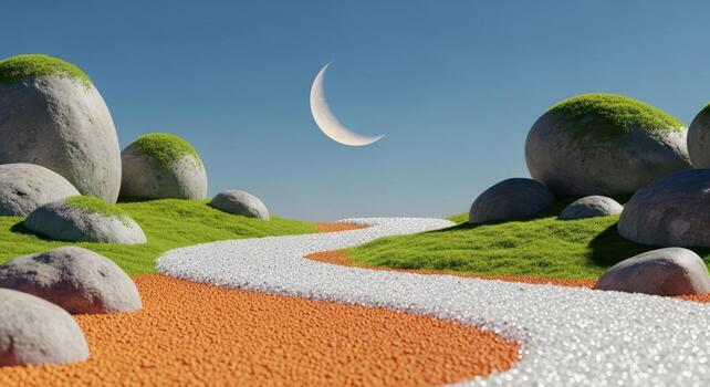 A path with rocks and grass in front of a crescent moon photo